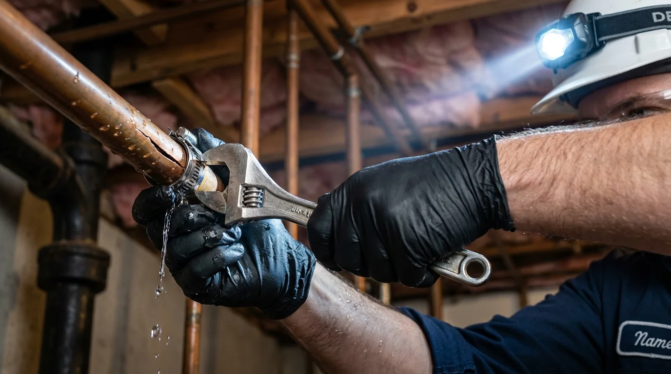 Emergency pipe clamp repair being performed by a Johns Plumbing LLC plumber in McAllen