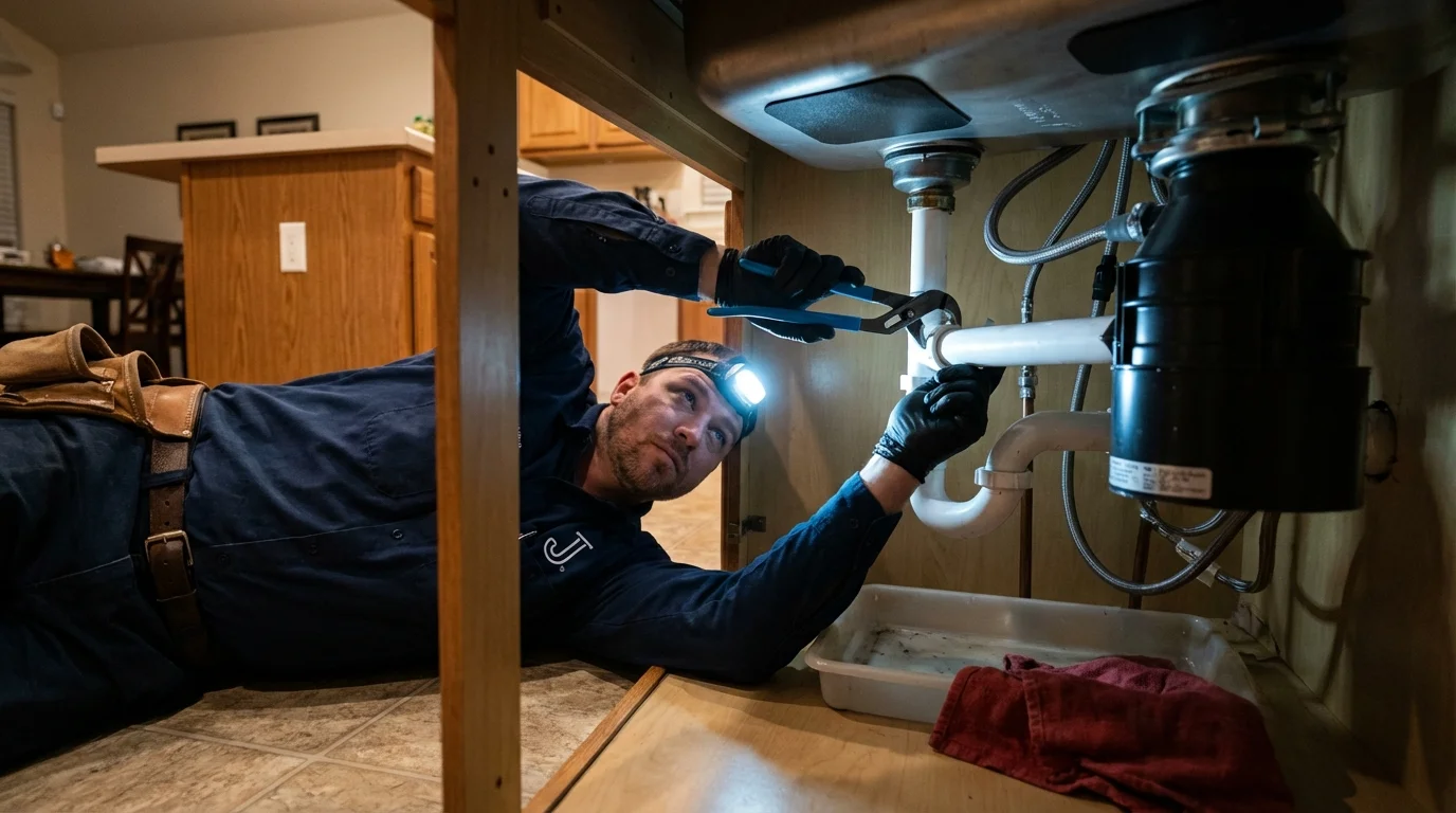 P-trap and supply line connections under a kitchen sink showing a common leak point in McAllen, TX